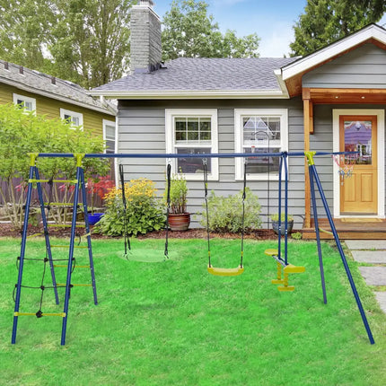 550 LBS 6-in-1 Patio Kids Swing Set with Climbing Net and Ladder-Green - Green - Swing & Playsets