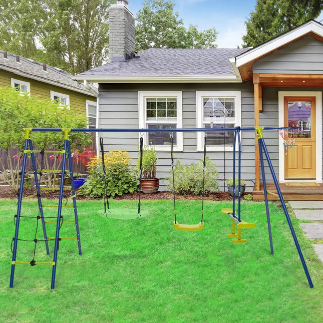 550 LBS 6-in-1 Patio Kids Swing Set with Climbing Net and Ladder-Green - Green - Swing & Playsets