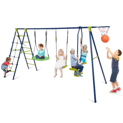 550 LBS 6-in-1 Patio Kids Swing Set with Climbing Net and Ladder-Green - Green - Swing & Playsets