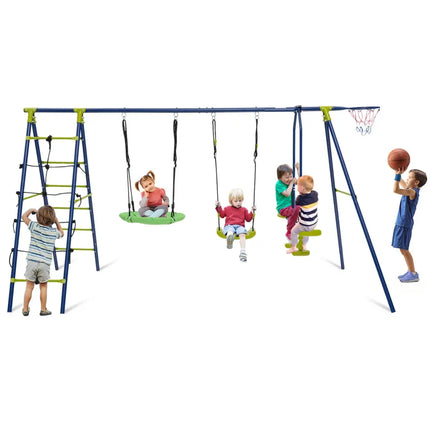 550 LBS 6-in-1 Patio Kids Swing Set with Climbing Net and Ladder-Green - Green - Swing & Playsets