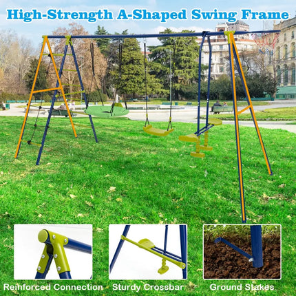 550 LBS 6-in-1 Patio Kids Swing Set with Climbing Net and Ladder-Green - Green - Swing & Playsets