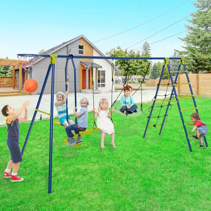 550 LBS 6-in-1 Patio Kids Swing Set with Climbing Net and Ladder-Green - Green - Swing & Playsets