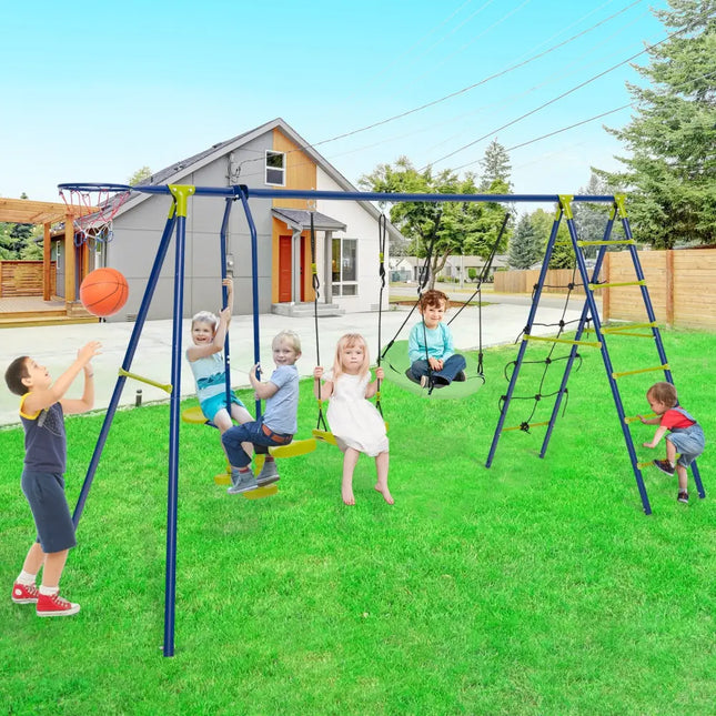 550 LBS 6-in-1 Patio Kids Swing Set with Climbing Net and Ladder-Green - Green - Swing & Playsets