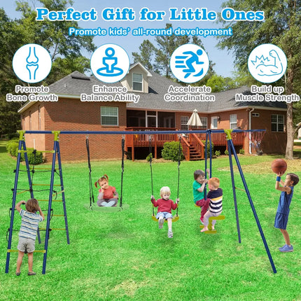 550 LBS 6-in-1 Patio Kids Swing Set with Climbing Net and Ladder-Green - Green - Swing & Playsets