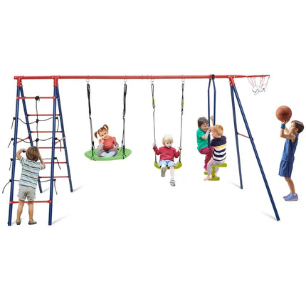 550 LBS 6-in-1 Patio Kids Swing Set with Climbing Net and Ladder-Red - Red - Swing & Playsets