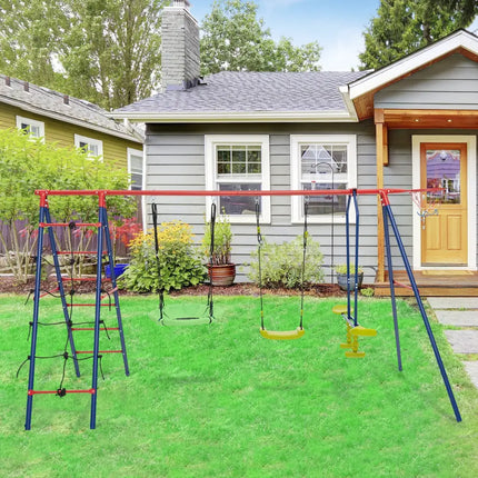 550 LBS 6-in-1 Patio Kids Swing Set with Climbing Net and Ladder-Red - Red - Swing & Playsets