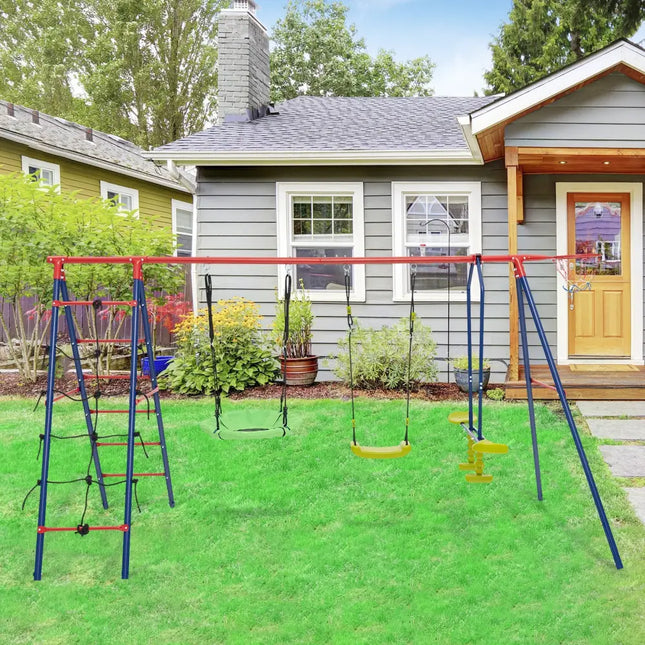 550 LBS 6-in-1 Patio Kids Swing Set with Climbing Net and Ladder-Red - Red - Swing & Playsets