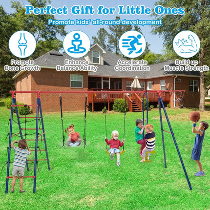 550 LBS 6-in-1 Patio Kids Swing Set with Climbing Net and Ladder-Red - Red - Swing & Playsets