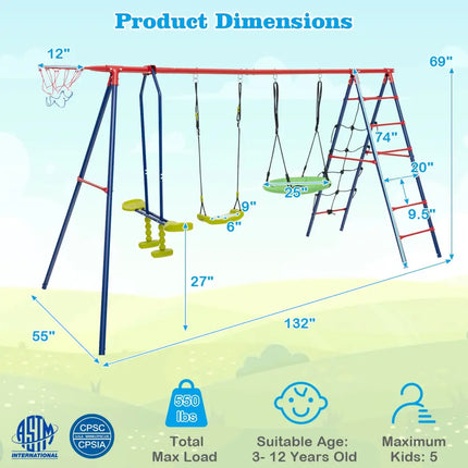 550 LBS 6-in-1 Patio Kids Swing Set with Climbing Net and Ladder-Red - Red - Swing & Playsets