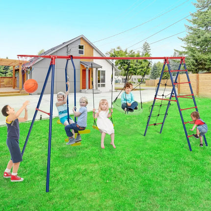 550 LBS 6-in-1 Patio Kids Swing Set with Climbing Net and Ladder-Red - Red - Swing & Playsets