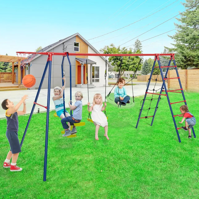 550 LBS 6-in-1 Patio Kids Swing Set with Climbing Net and Ladder-Red - Red - Swing & Playsets