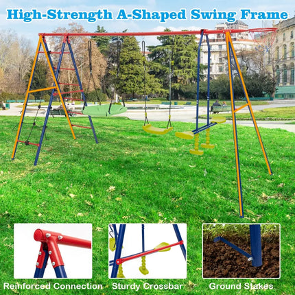 550 LBS 6-in-1 Patio Kids Swing Set with Climbing Net and Ladder-Red - Red - Swing & Playsets