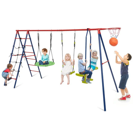 550 LBS 6-in-1 Patio Kids Swing Set with Climbing Net and Ladder-Red - Red - Swing & Playsets