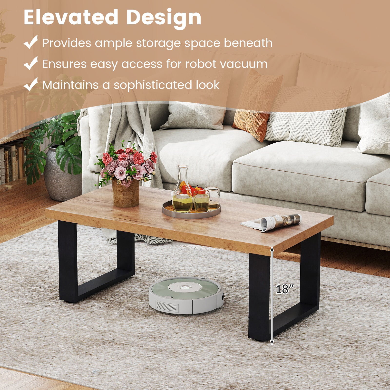 47 inch Farmhouse Style Rustic Coffee Table with Thickened Tabletop and Natural Wood Texture-Oak