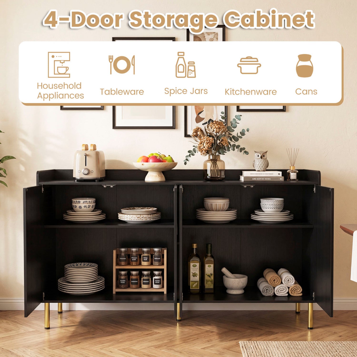 55" Buffet Cabinet with 4 Doors and 5 Metal Legs Modern Credenza-Black