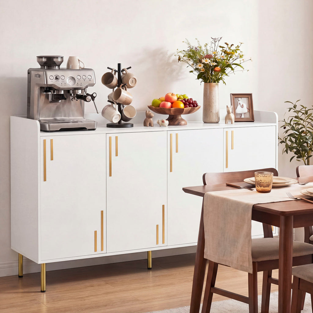 55" Buffet Cabinet with 4 Doors and 5 Metal Legs Modern Credenza-White