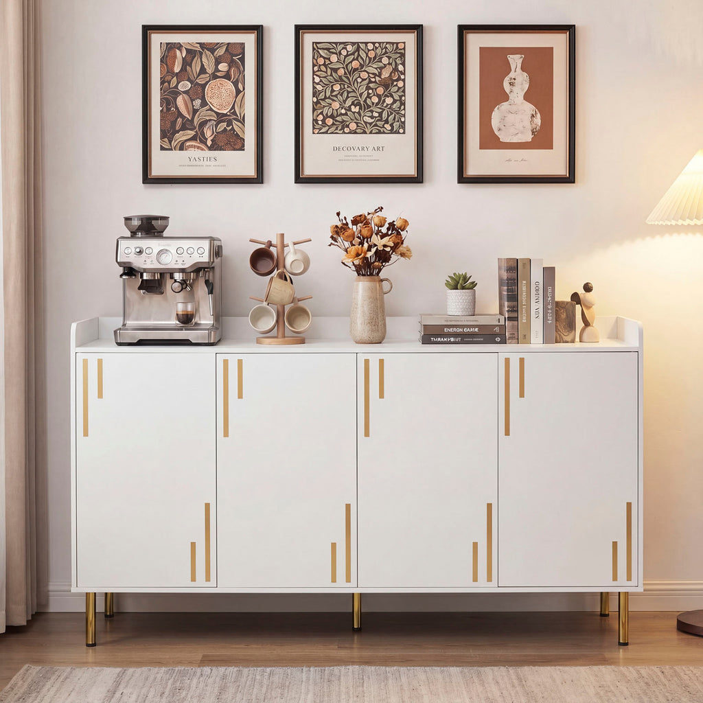 55" Buffet Cabinet with 4 Doors and 5 Metal Legs Modern Credenza-White