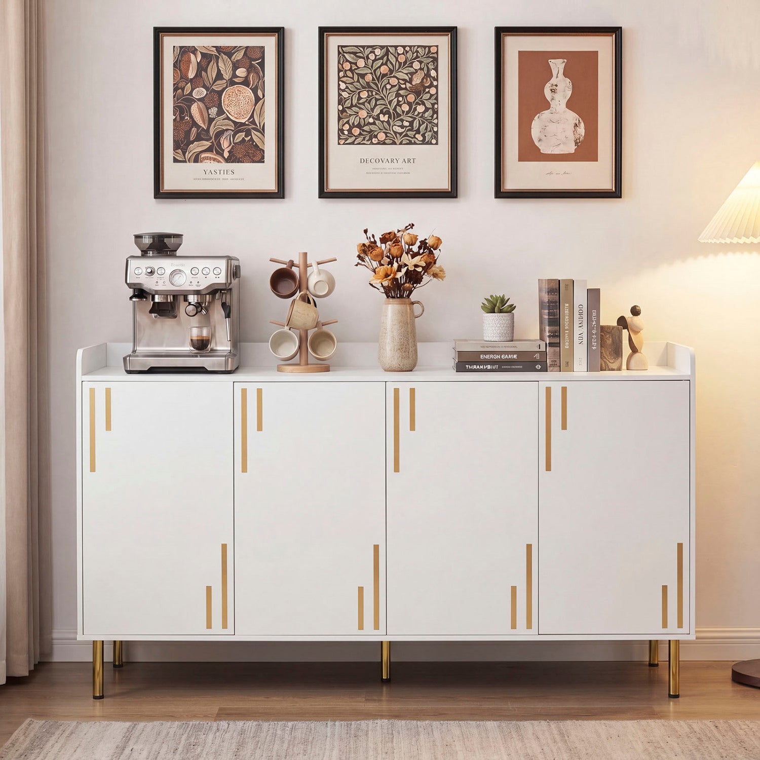 55" Buffet Cabinet with 4 Doors and 5 Metal Legs Modern Credenza-White