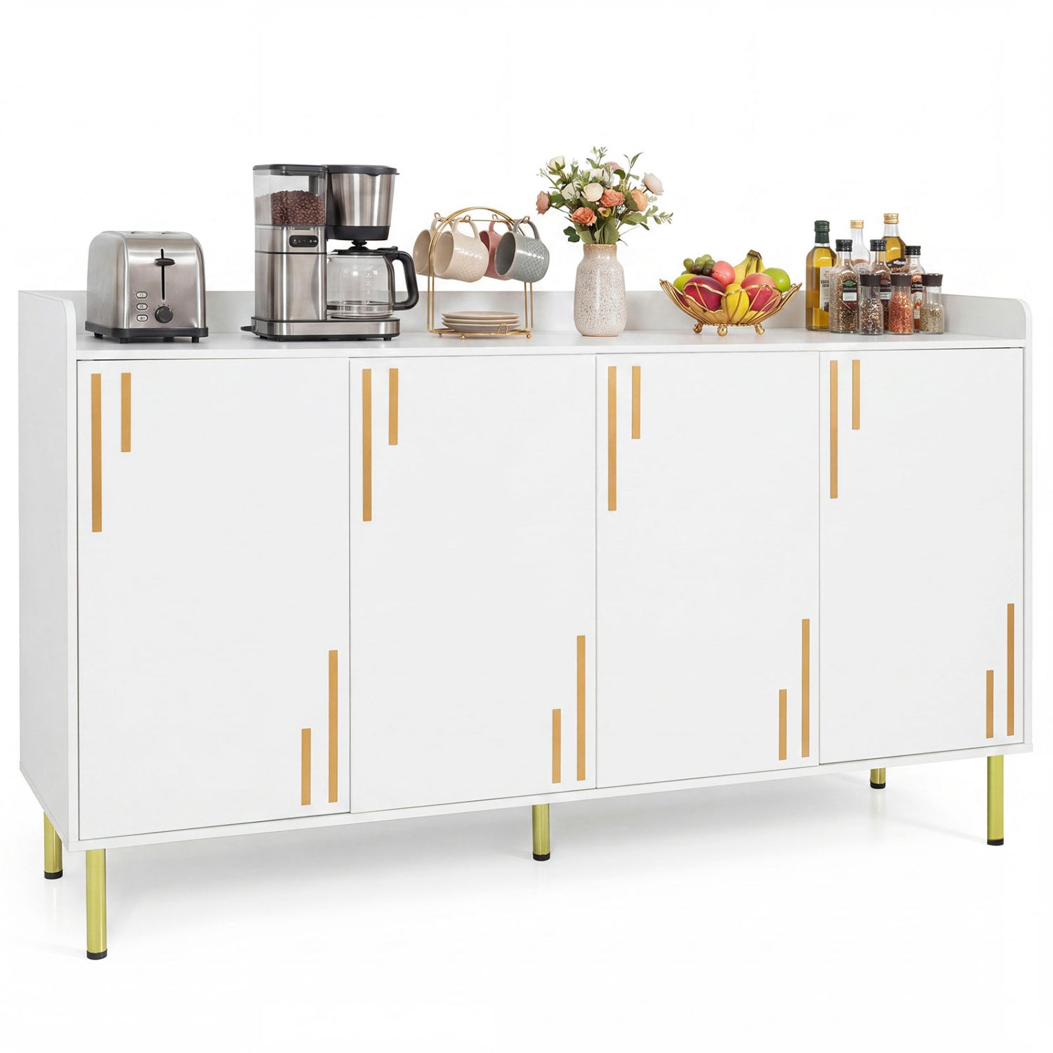 55" Buffet Cabinet with 4 Doors and 5 Metal Legs Modern Credenza-White