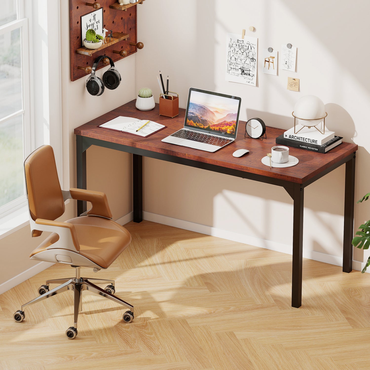 55 Inch Conference Table with Heavy-duty Metal Frame-Brown