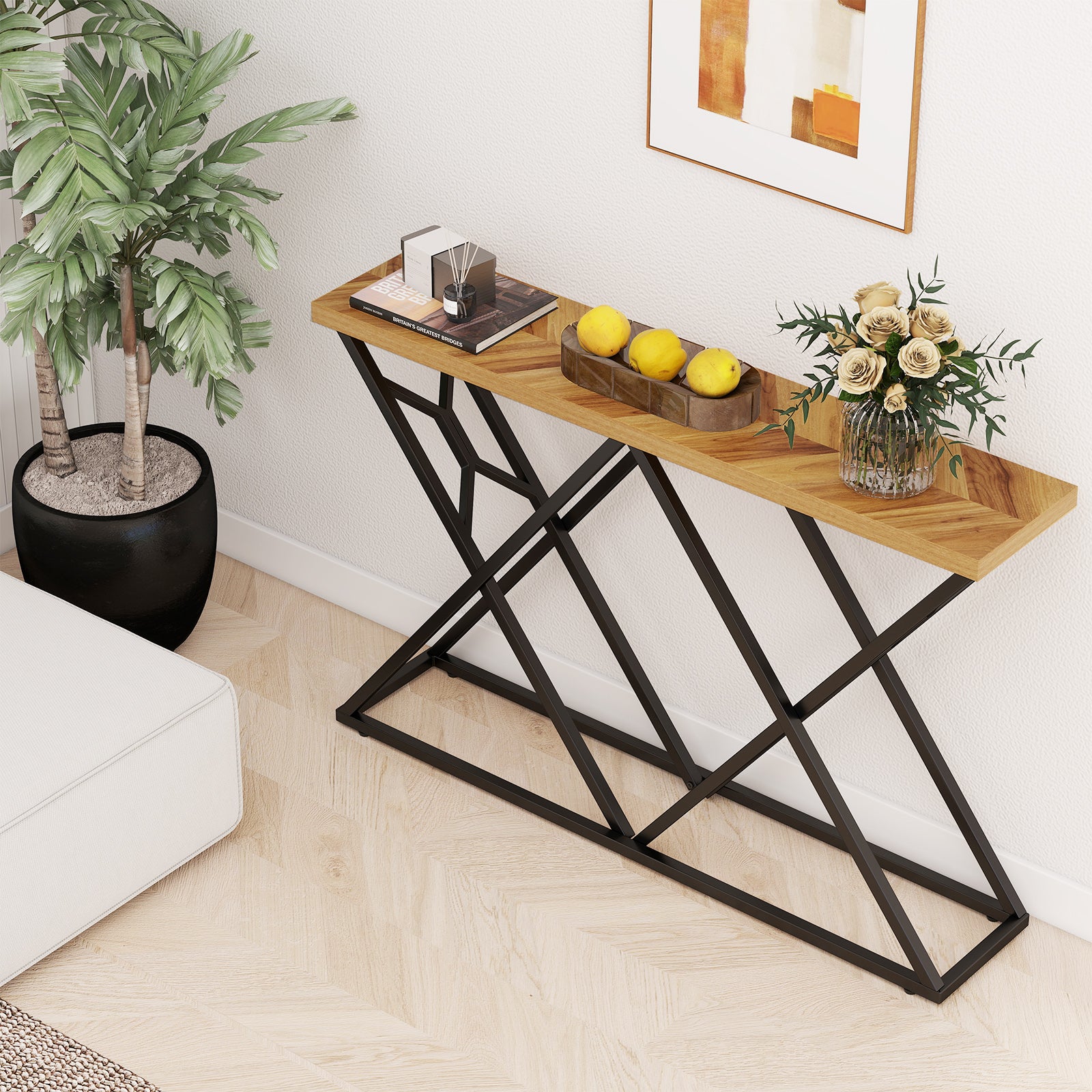 Console de 55 pouces avec cadre métallique solide et rangement en bois
