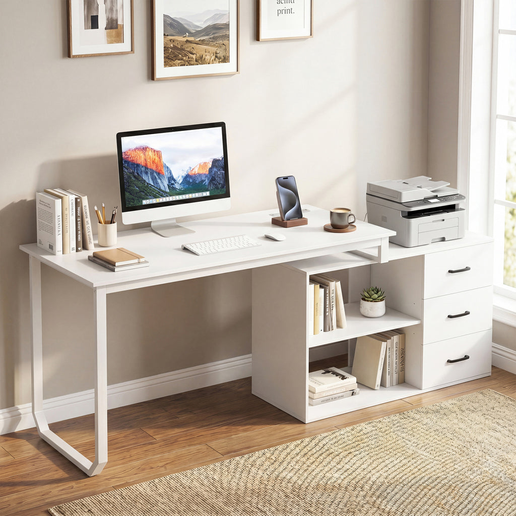 55 Inch Reversible L Shaped Desk with 3 Drawers Home Office Desk with Adjustable Shelf-White