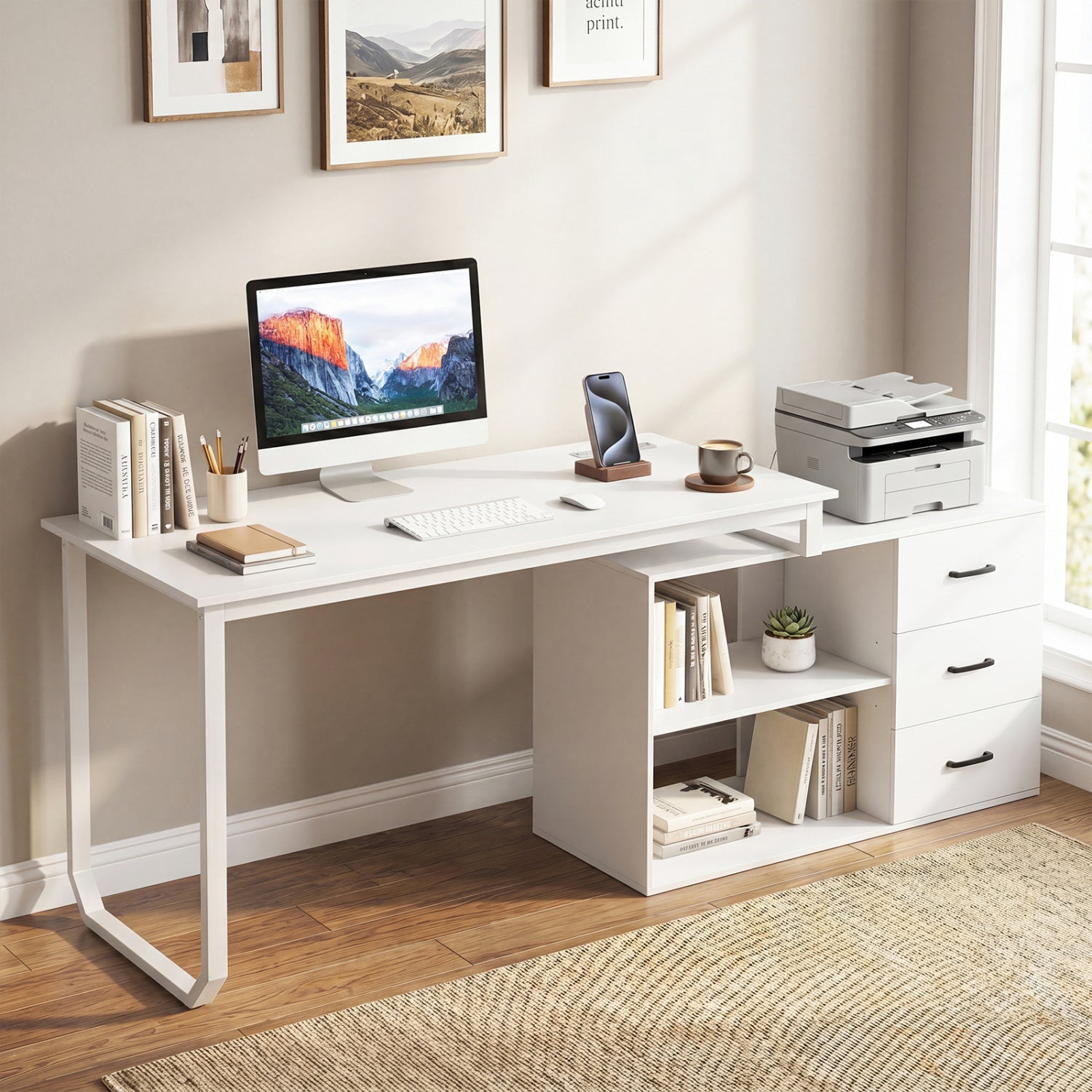 55 Inch Reversible L Shaped Desk with 3 Drawers Home Office Desk with Adjustable Shelf-White