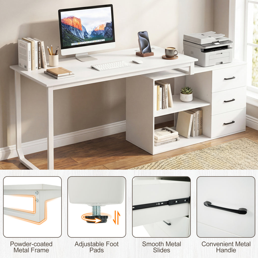 55 Inch Reversible L Shaped Desk with 3 Drawers Home Office Desk with Adjustable Shelf-White