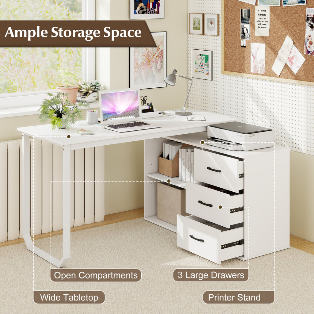 55 Inch Reversible L Shaped Desk with 3 Drawers Home Office Desk with Adjustable Shelf-White