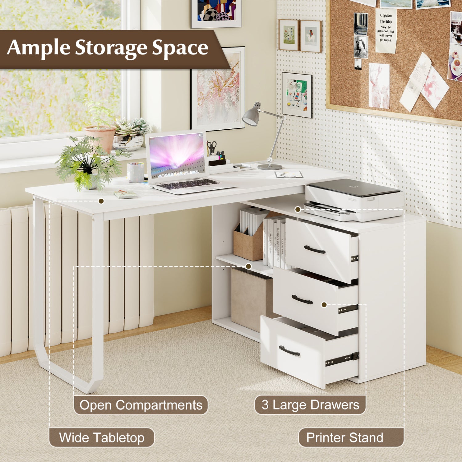 55 Inch Reversible L Shaped Desk with 3 Drawers Home Office Desk with Adjustable Shelf-White