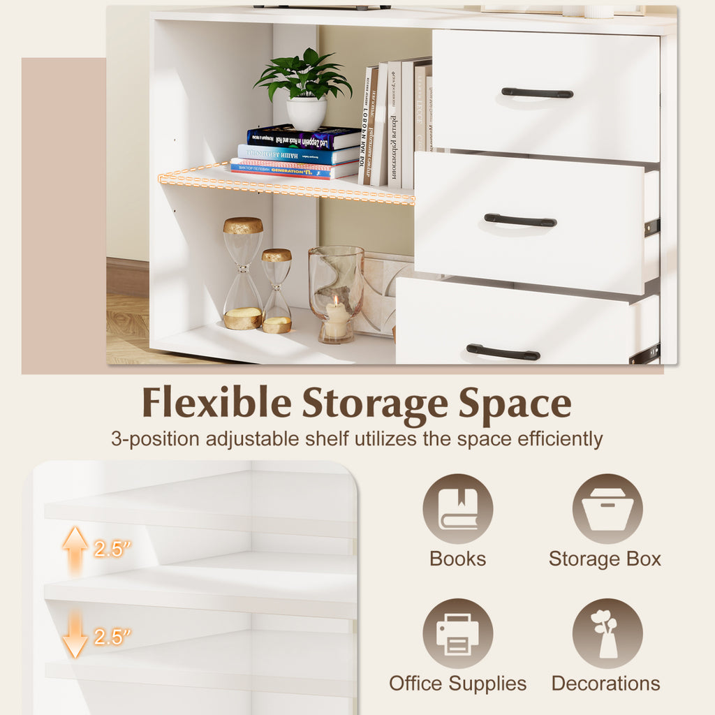55 Inch Reversible L Shaped Desk with 3 Drawers Home Office Desk with Adjustable Shelf-White