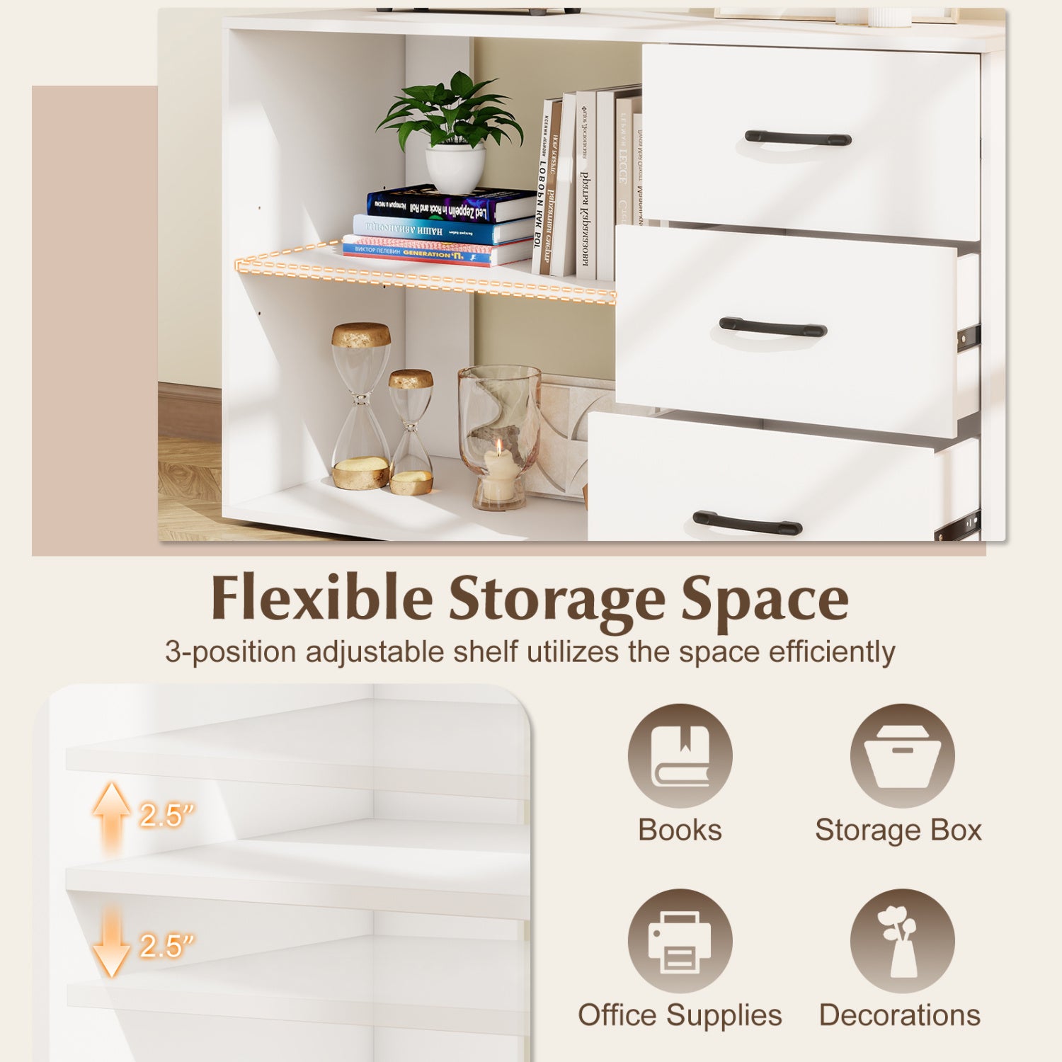 55 Inch Reversible L Shaped Desk with 3 Drawers Home Office Desk with Adjustable Shelf-White