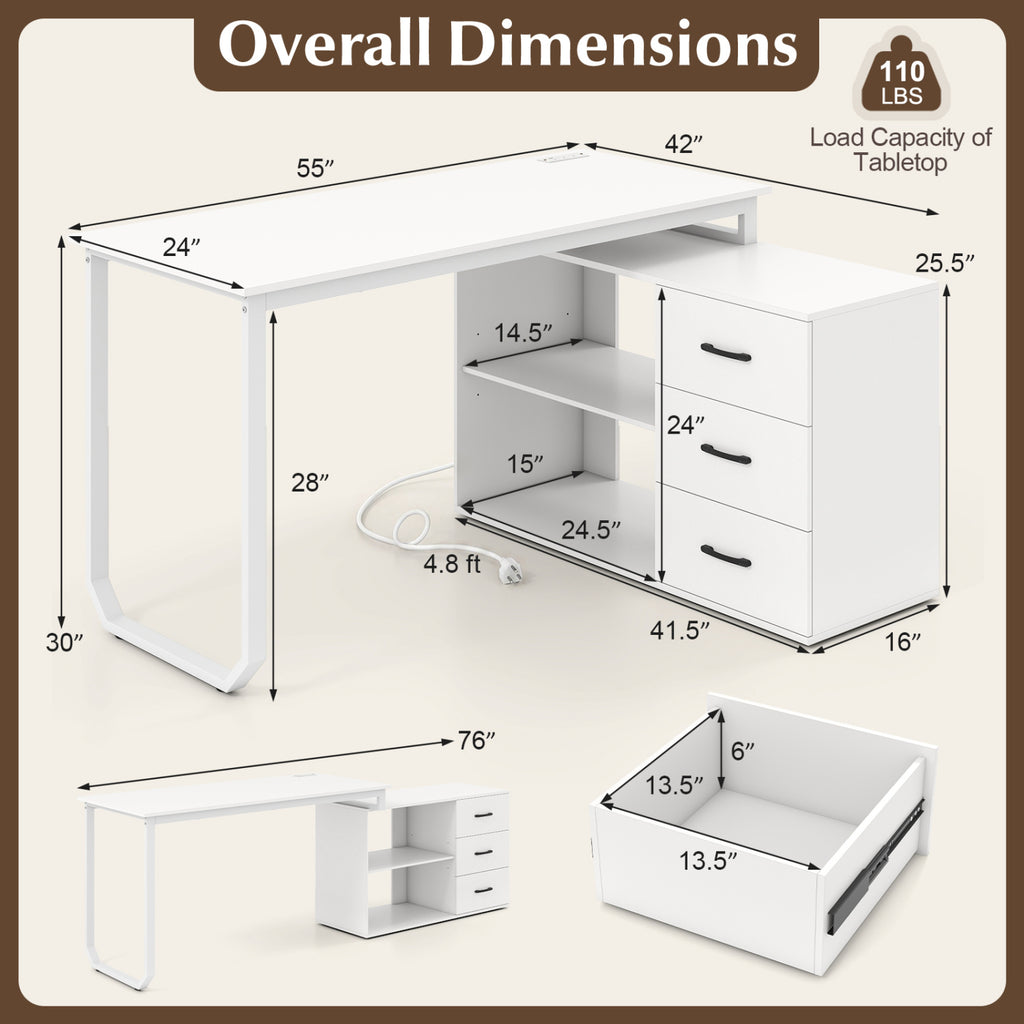 55 Inch Reversible L Shaped Desk with 3 Drawers Home Office Desk with Adjustable Shelf-White