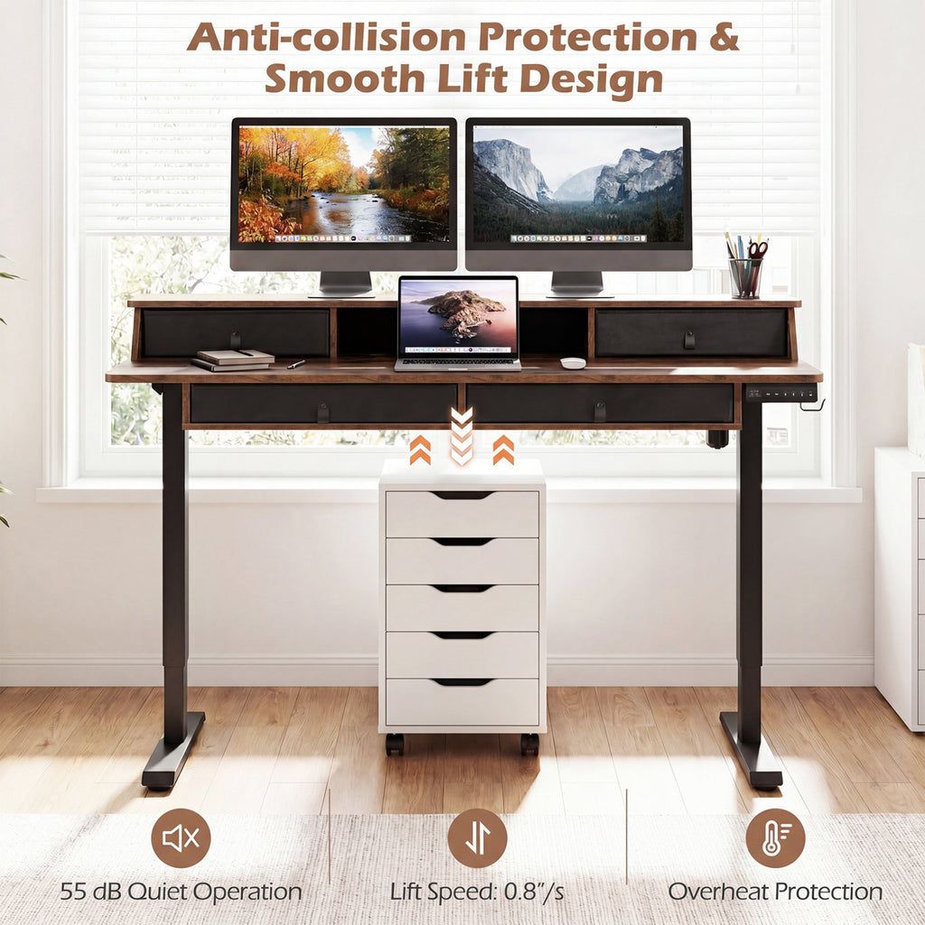 55 Inch x 27 Inch Electric Standing Desk with Drawers-Rustic Brown