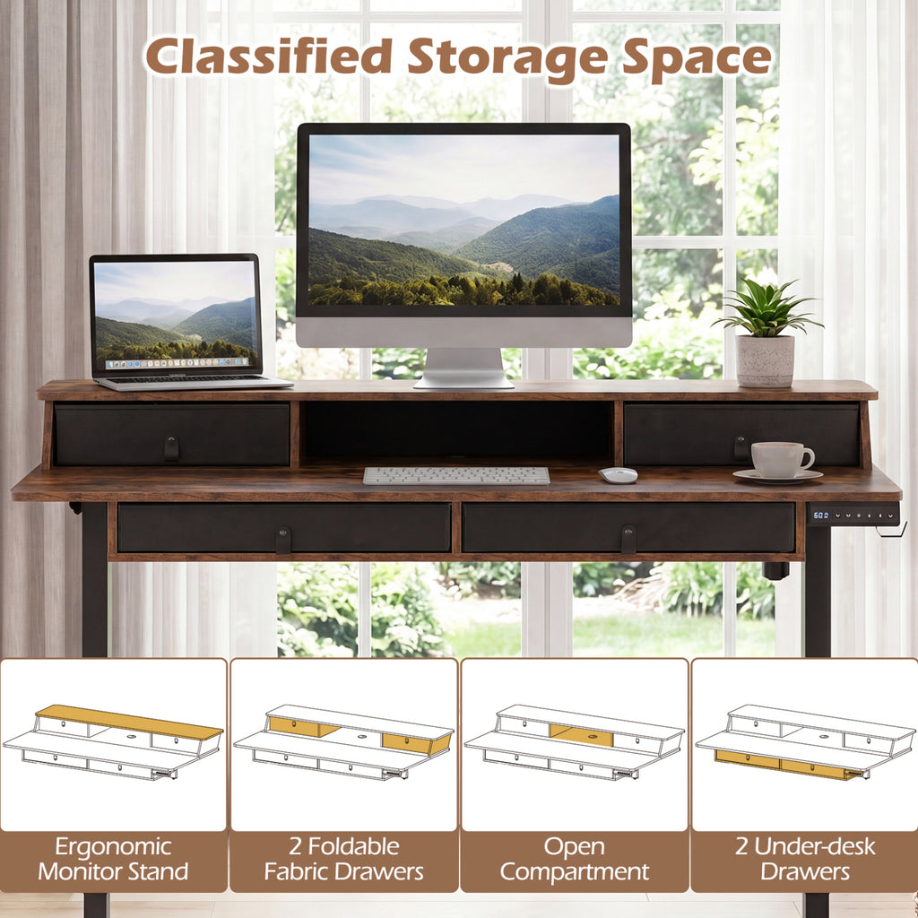 55 Inch x 27 Inch Electric Standing Desk with Drawers-Rustic Brown
