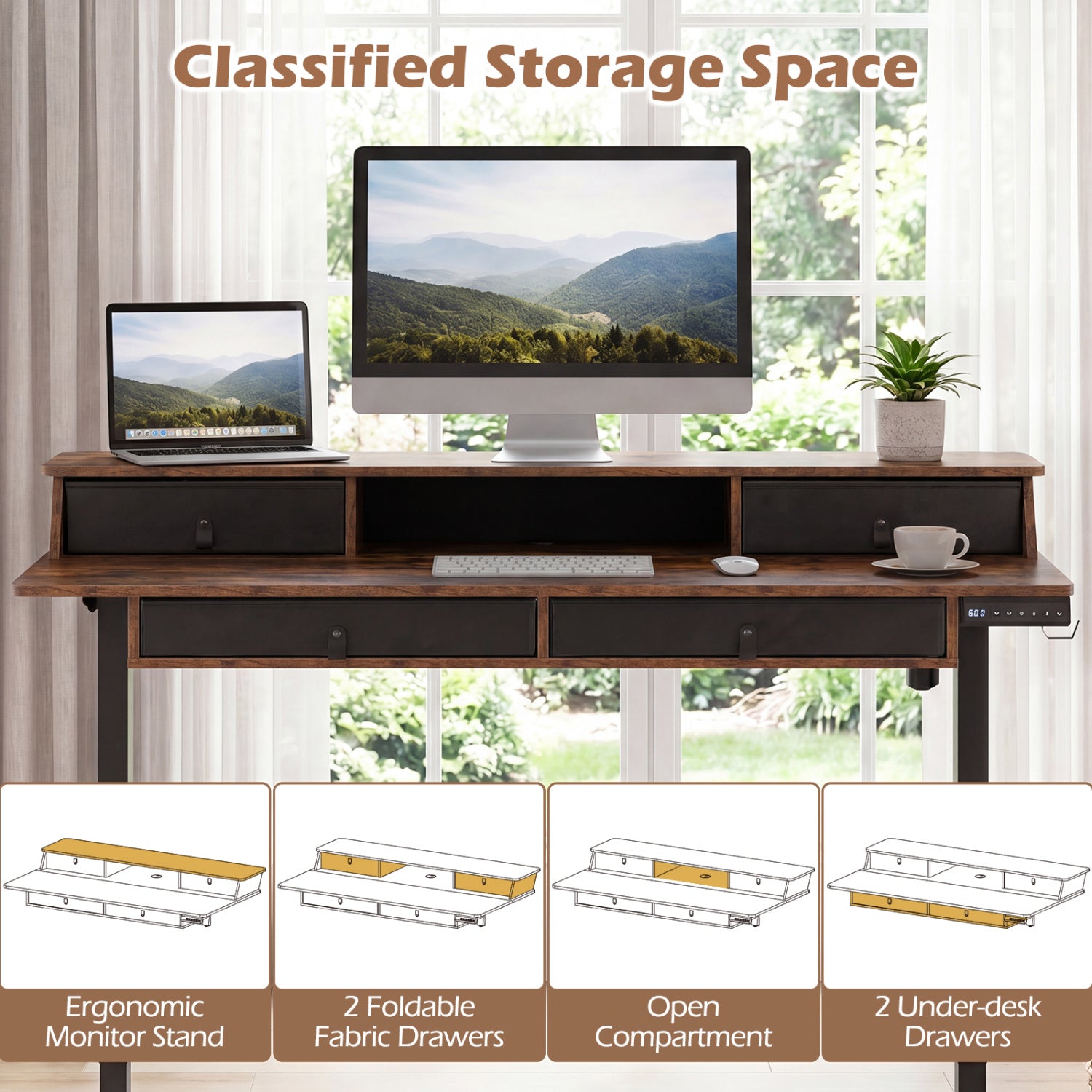 55 Inch x 27 Inch Electric Standing Desk with Drawers-Rustic Brown