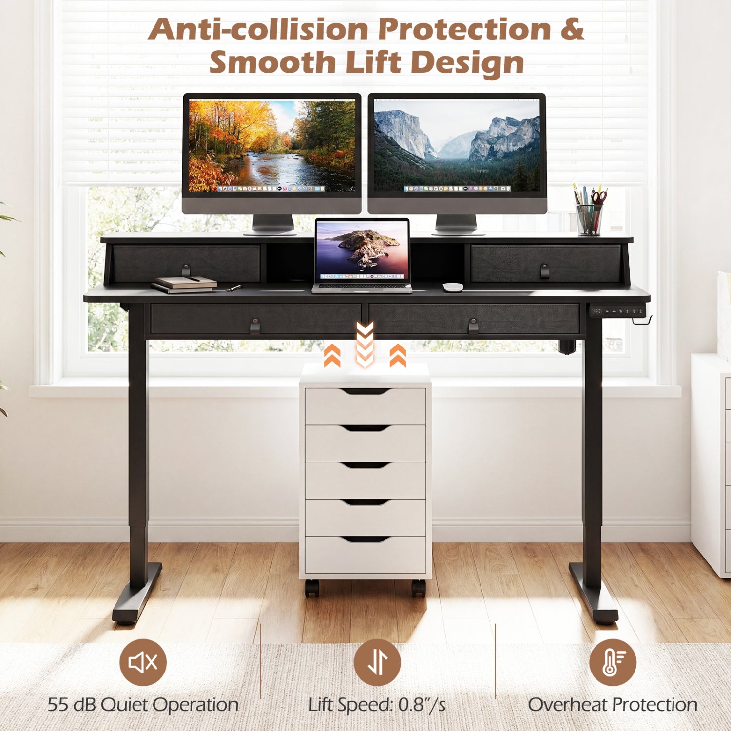 55 Inch x 27 Inch Electric Standing Desk with Drawers-Black