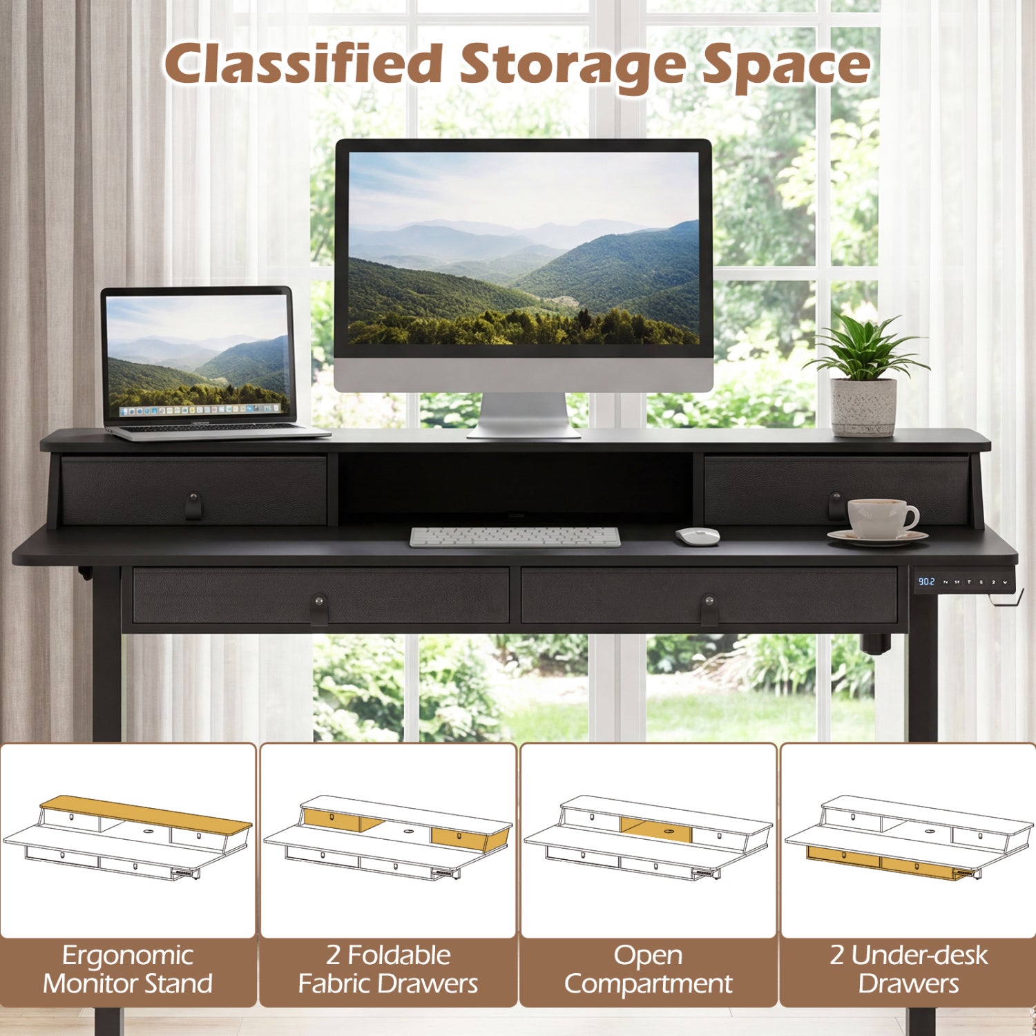 55 Inch x 27 Inch Electric Standing Desk with Drawers-Black
