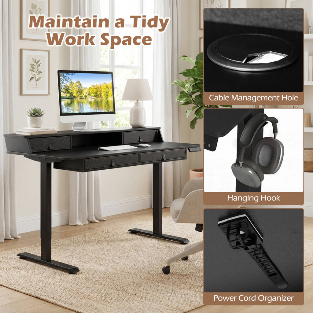 55 Inch x 27 Inch Electric Standing Desk with Drawers-Black