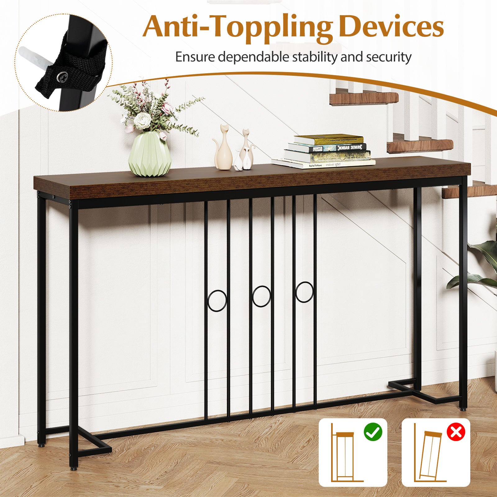 Console industrielle de 140 cm avec base en H - Marron