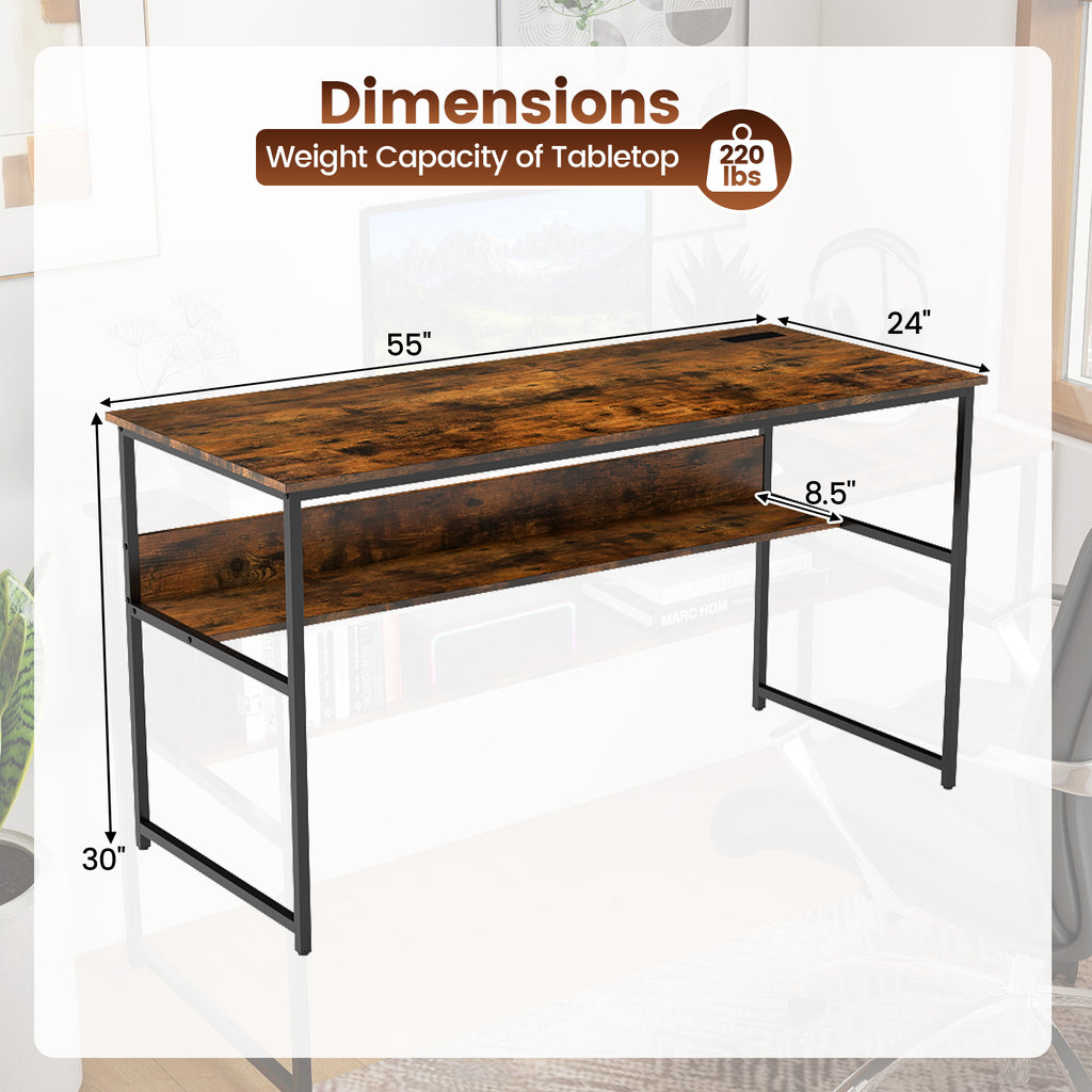 55 x 24 inch Computer Desk with Power Outlets and USB Ports-Rustic Brown