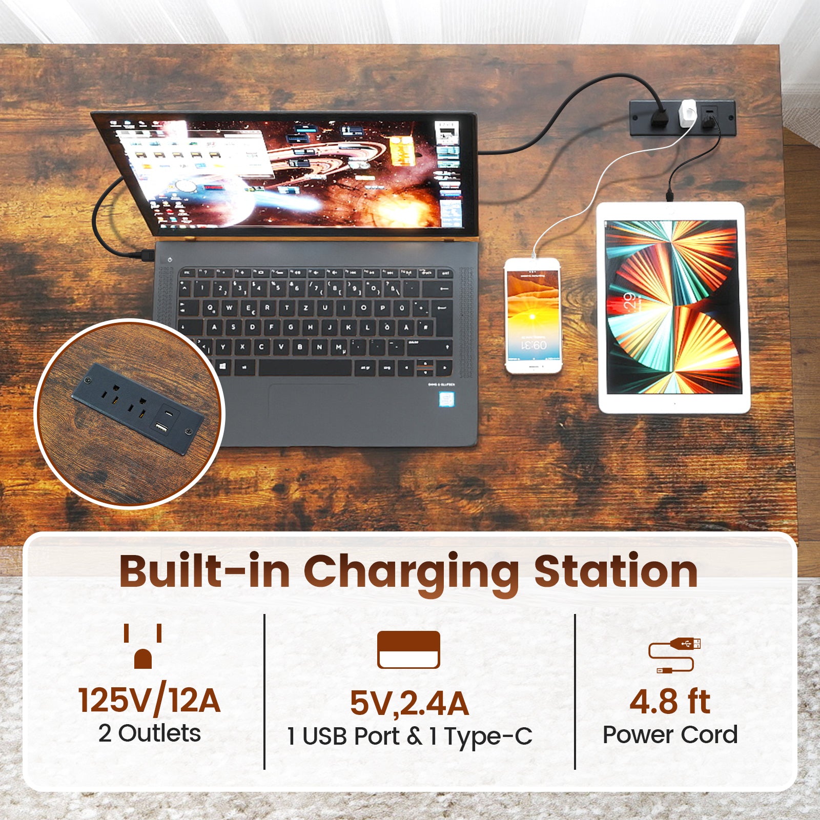 55 x 24 inch Computer Desk with Power Outlets and USB Ports-Rustic Brown