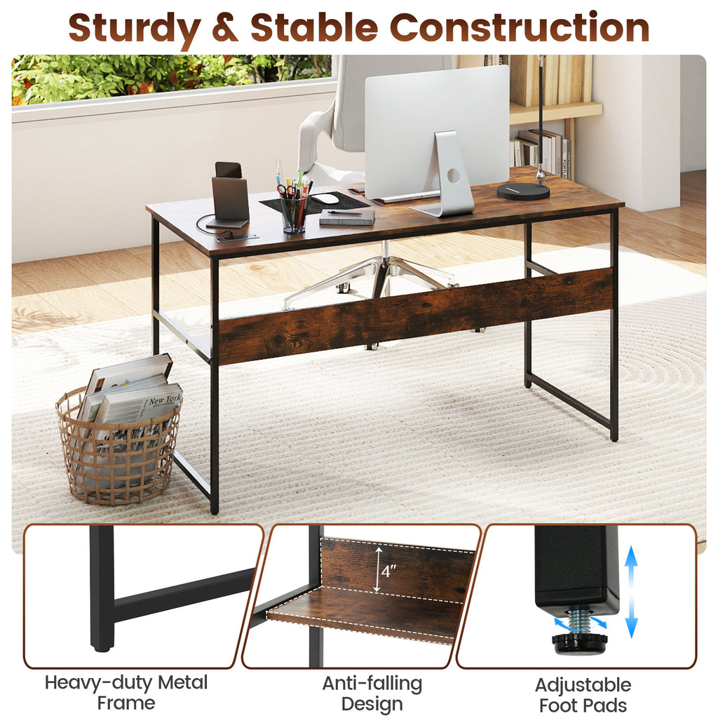 55 x 24 inch Computer Desk with Power Outlets and USB Ports-Rustic Brown