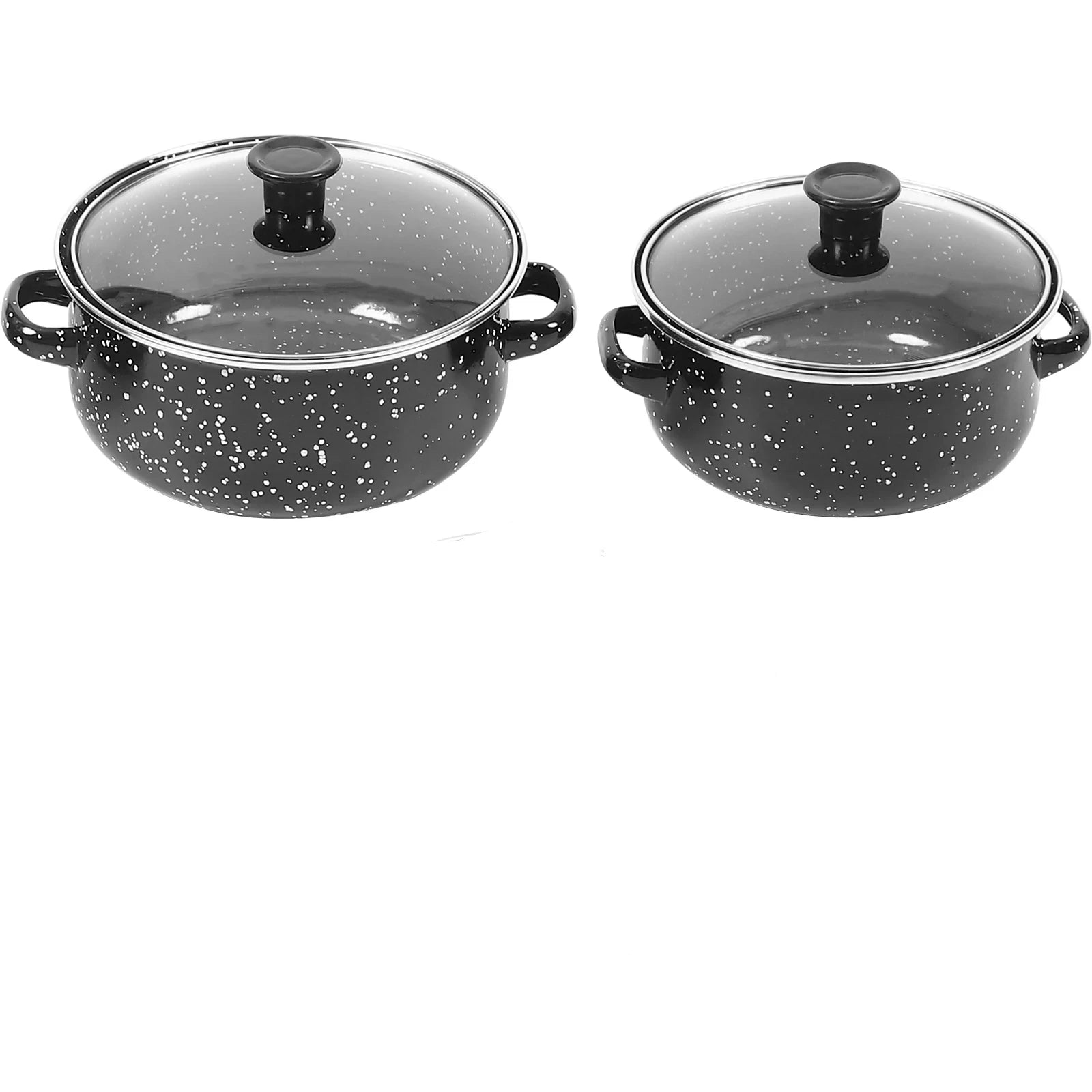 Two black speckled cookware pots with lids on a white background