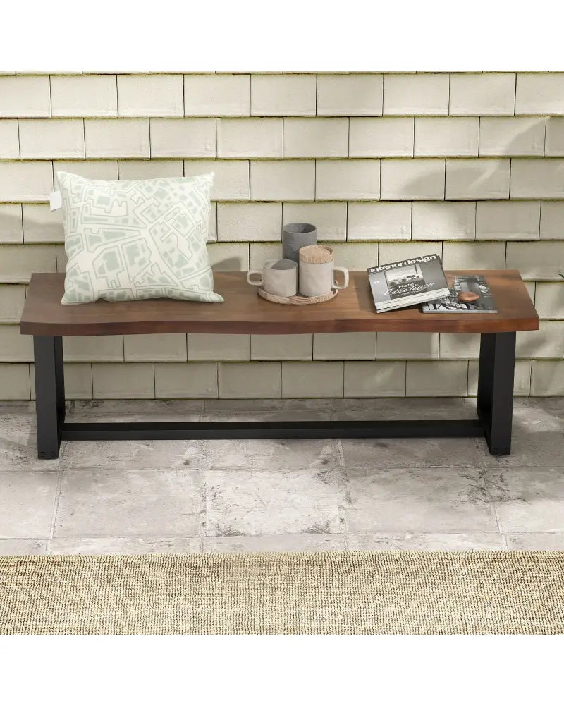 56.5 Inches Wood Dining Bench with Wavy Edge and Adjustable Footpads-Coffee - Coffee - Shoe Racks & Storage Benches
