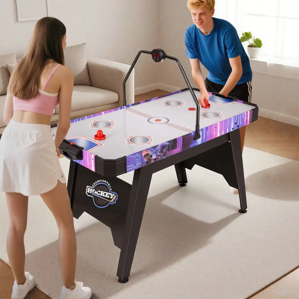 56 Inch Air Hockey Table with LED Digital Scoreboard and Powerful 12V Motor-White - White - Game Room