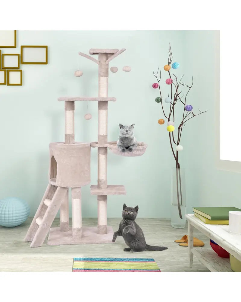 56 Inch Condo Scratching Posts Ladder Cat Play Tree - Beige - Cat Trees Condos & Scratchers