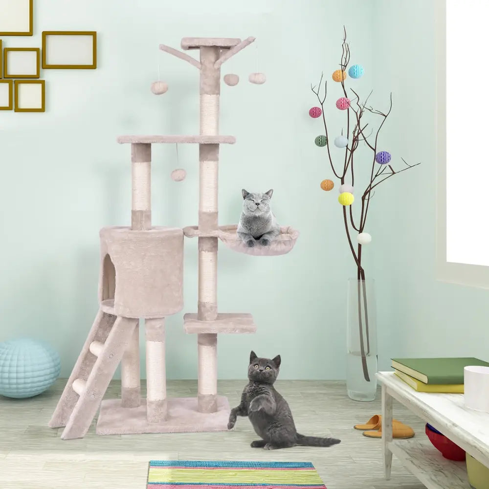 56 Inch Condo Scratching Posts Ladder Cat Play Tree - Beige - Cat Trees Condos & Scratchers