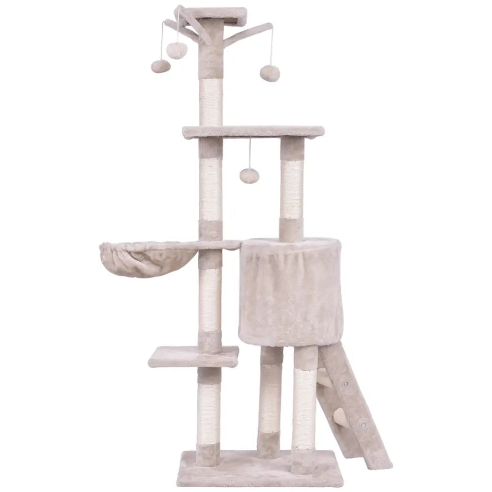 56 Inch Condo Scratching Posts Ladder Cat Play Tree - Beige - Cat Trees Condos & Scratchers