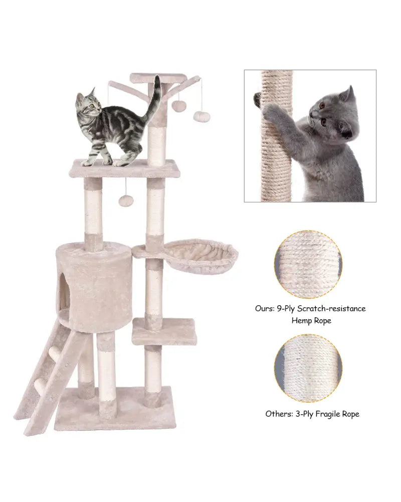 56 Inch Condo Scratching Posts Ladder Cat Play Tree - Beige - Cat Trees Condos & Scratchers